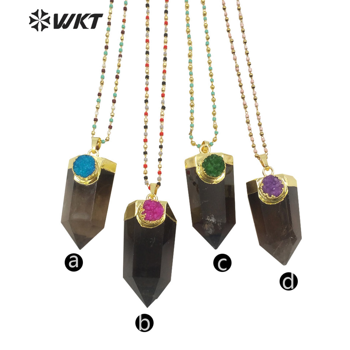 WT-N1289 Charming 18k Real Gold Plated Smoky Quartz with Druzy Hexagon Quartz Point Necklace Populared Spirit Quartz Necklace
