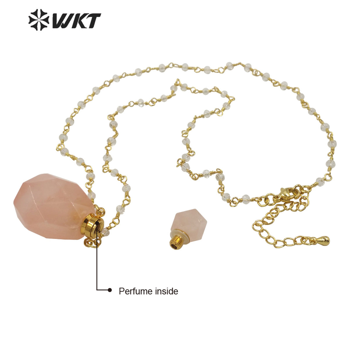 WT-N1269 Wholesale Lady Birthday Stone Perfume Bottle Necklace Gold Stainless Steel Metal Rose Quartz Stone Bottle Necklace