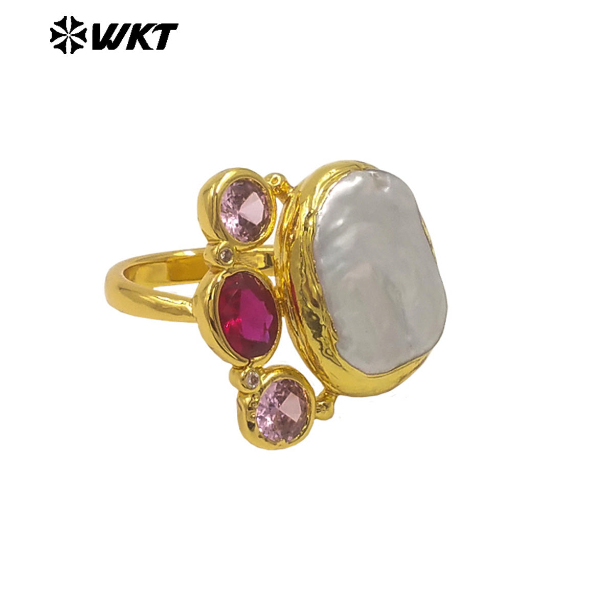 WT-MR043 Newest Design Gold Plated Natural Freshwater Pearl Ring With Multi Colors Cubic Zircon Square Shape Women Jewelry Ring