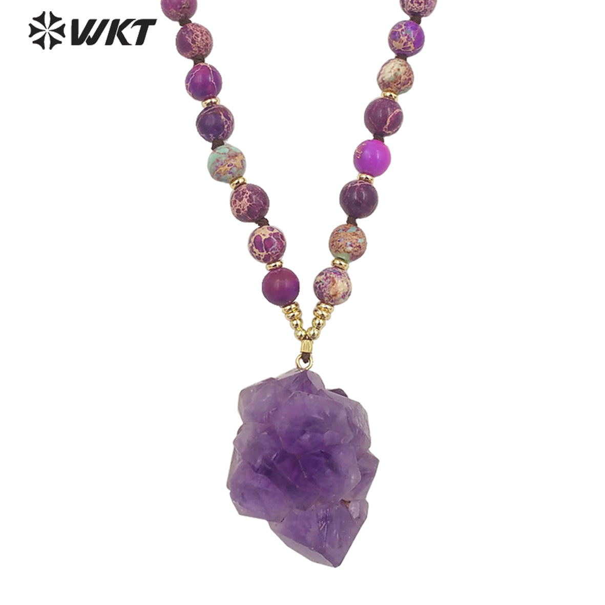 WT-N1376 Graceful Natural Irregular Pretty Amethyst Pendant Necklace Purple Bohemia Jasper Bead Chain Natural Crystal Necklace