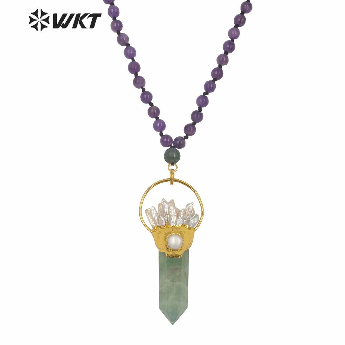 WT-N1246 Wholesale Women Gorgeous Long Beads Stone Fluorite Necklace Gold Fashion Big Chunky Spirit Point Stone Necklace