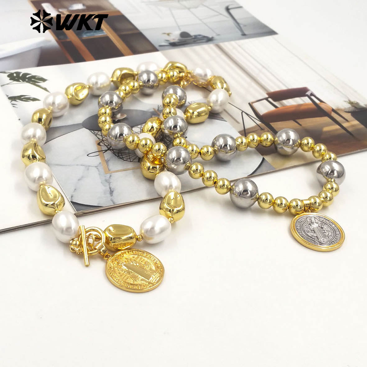 WT-JN303 Customize 18K Gold Plated and Silver Round Flat Pearl Beads Religious Shell Necklace Fashion Special Jewelry for Ladies