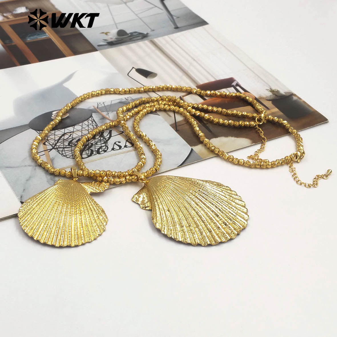 WT-JN343 Classic Design Beads Chain With Full Gold Plated Natural Scallop Shell Pendants Women Necklace For Beach Vacation Match