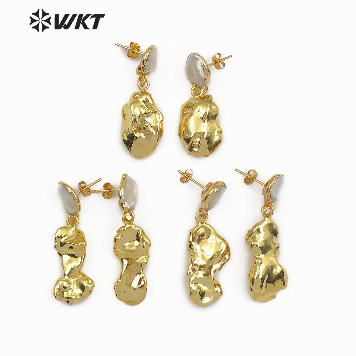 WT-E490 Boho Gift for Women Freshwater Pearl Stud With Random Shape Double Pearl Jewelry Full Gold Dipped Baroque Pearl Earring