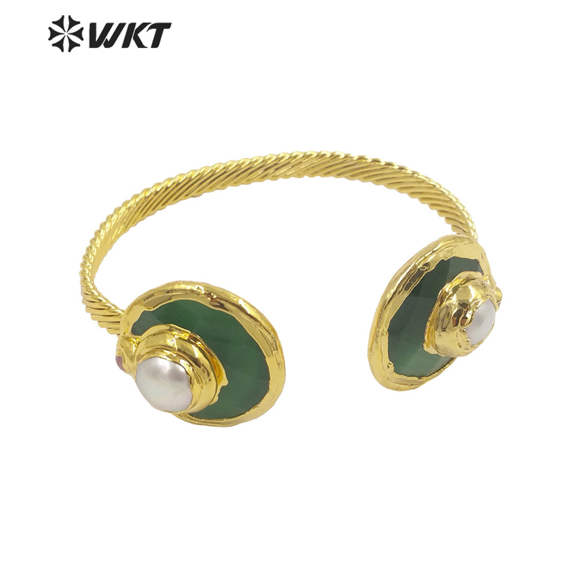 WT-B616 Wholesale Fashion Double Cat Eye Stone Bangle 18k Real Gold Plated Resist Tarnishable Pearl Charm Bangle