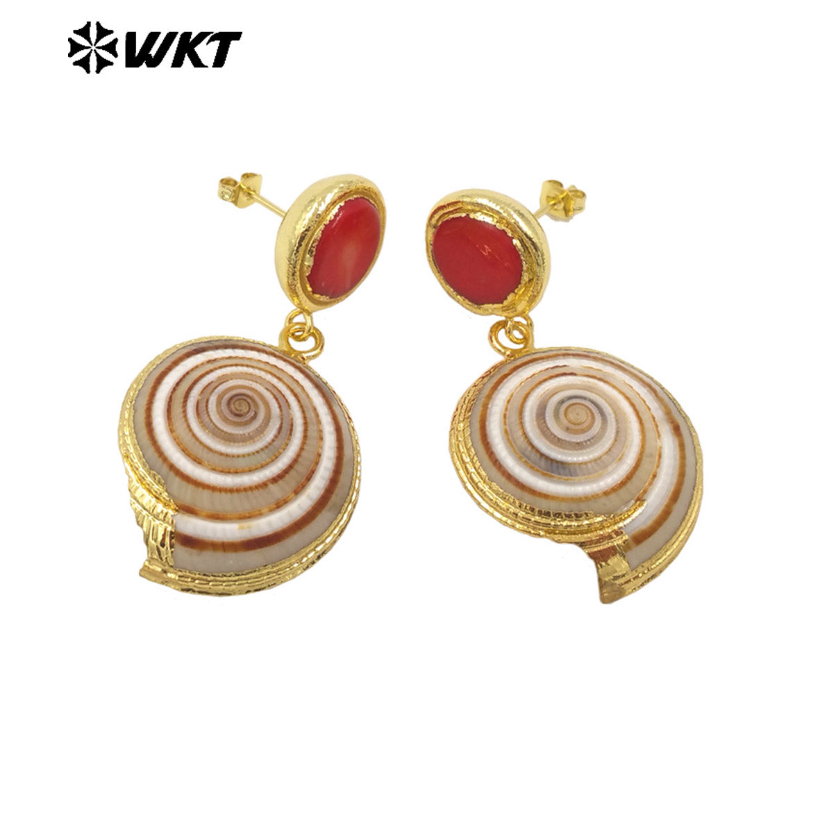 WT-MPE140 New Arrivals Fashion Unique Design 18K Gold Plated Red Coral Shell Trumpet Earrings Jewelry for Women As Special Gift