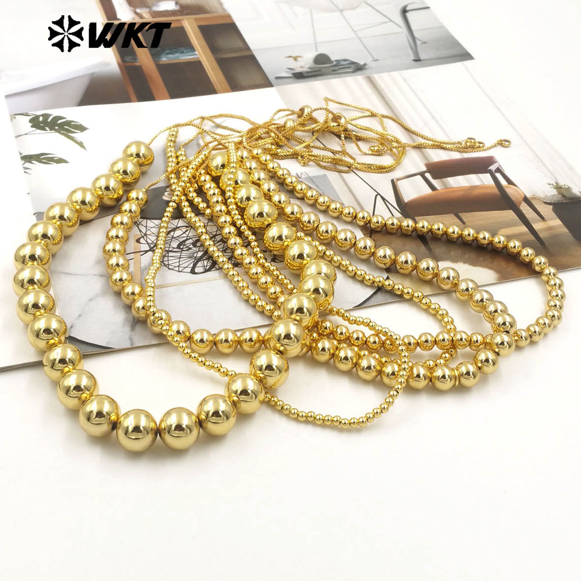 WT-JFN13 Wholesale Most Popular Hand Strand Round Ball Beads 18K Real Gold Plated Simple Unique Chain Necklace Different Size
