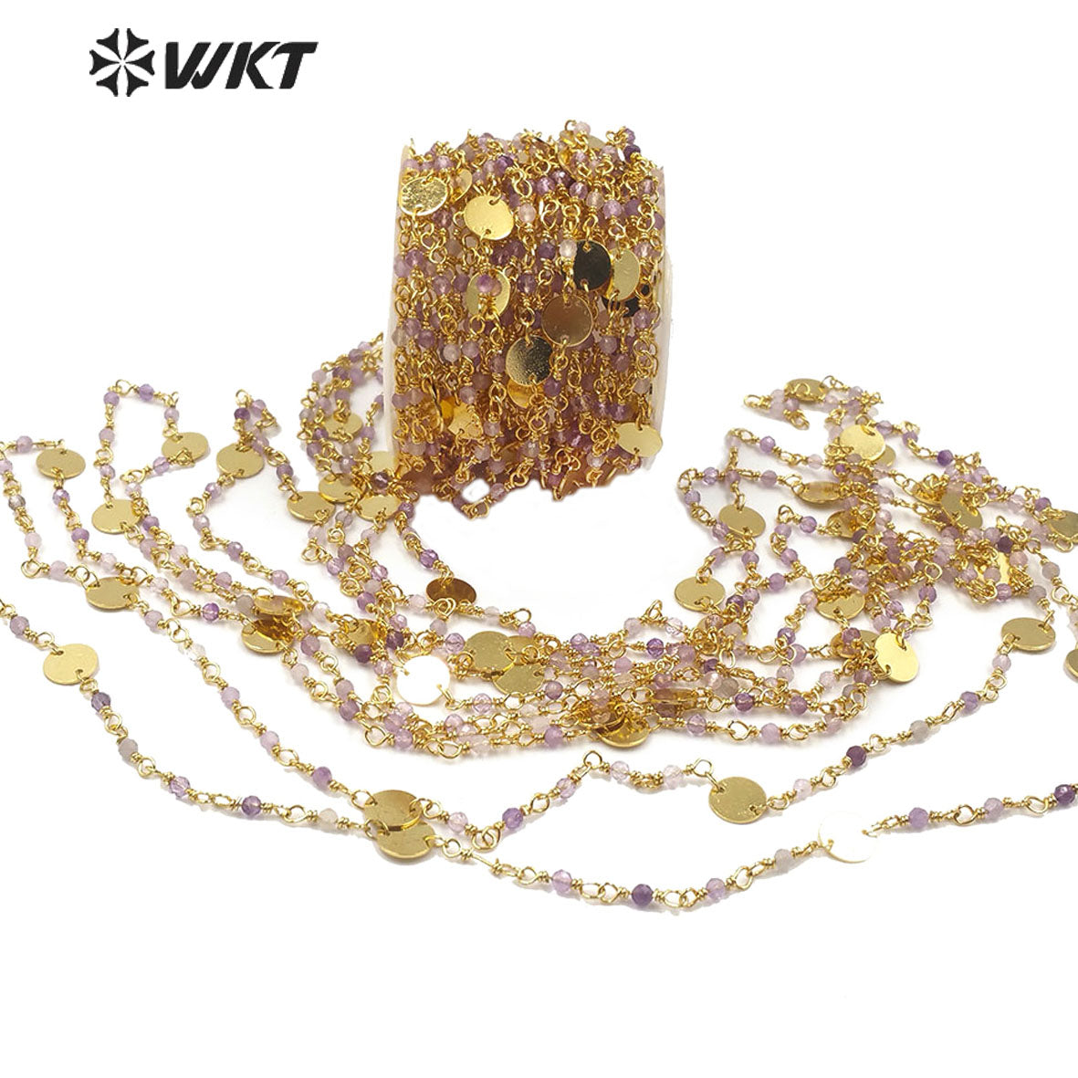 WT-RBC142 Wholesale Amethyst Beads Chain Hotsale Gold Plated Amethyst Rosary Beads Chain for Jewelry Making