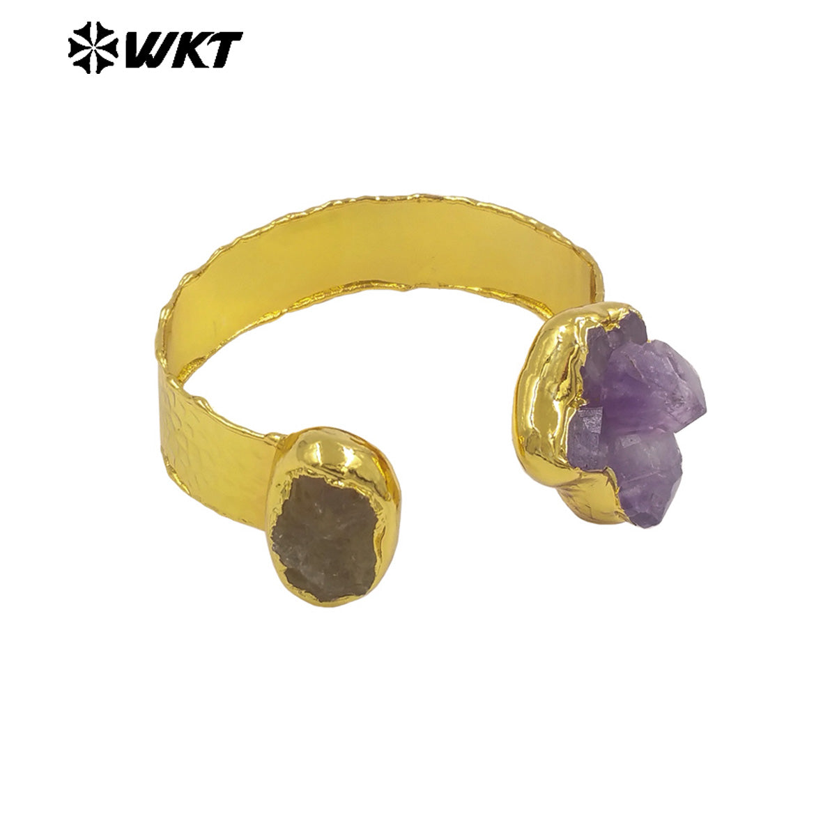 WT-B700 Fashion Raw Quatrz And Natural Irregular Amethyst Stone Gold Plated Bangles Women Jewelry Wearing On Vacation