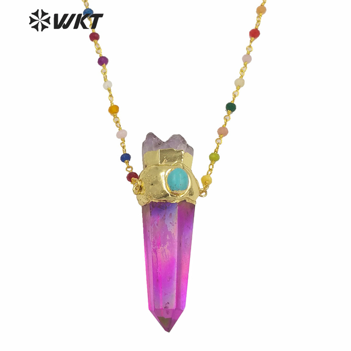 WT-N1252 Wholesale Gold Electroplated Natural Aura Spirit Quartz Necklace Women Fashion Chunky Crystal Point Quartz Necklace