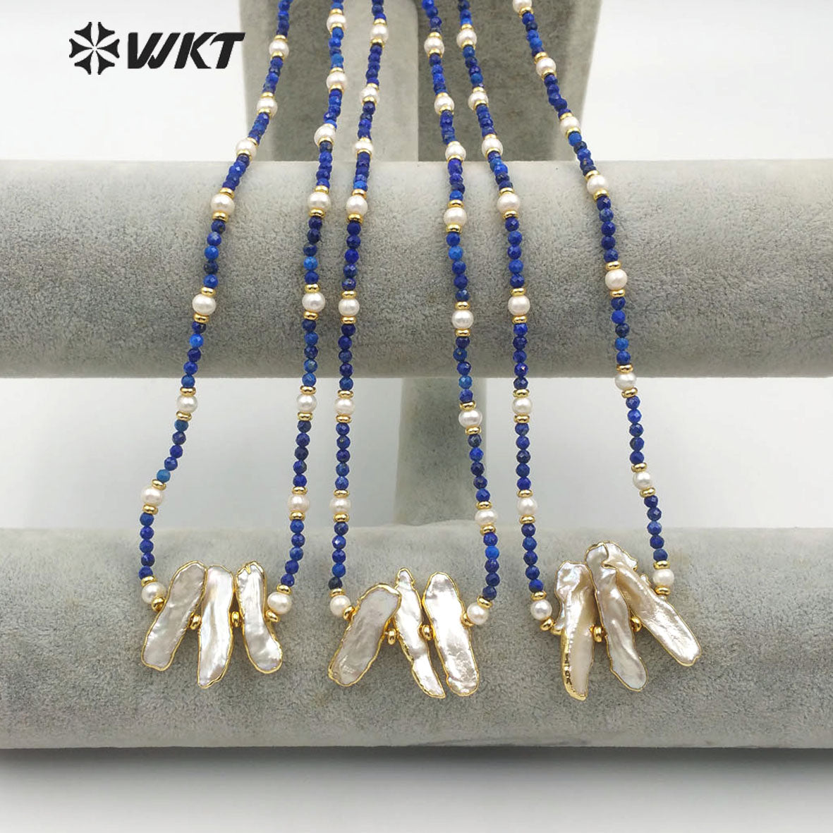 WT-JN104 Newest Natural Pearl Necklace 3mm Lapis Beads 4mm Pearl Beads Themed Pendant in Randomly Shape Fashion Charm Necklace