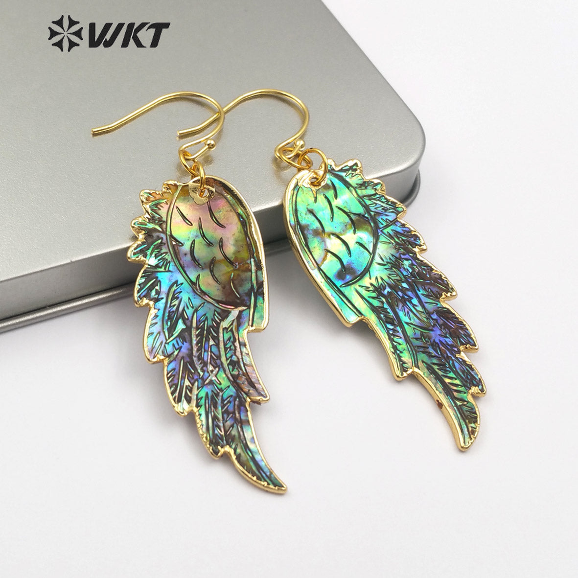 WT-E242 Newest Gorgeous Natural Genuine Abalone Shell Feather Earrings 18K Gold Dipped Carved Shell Feather Earrings