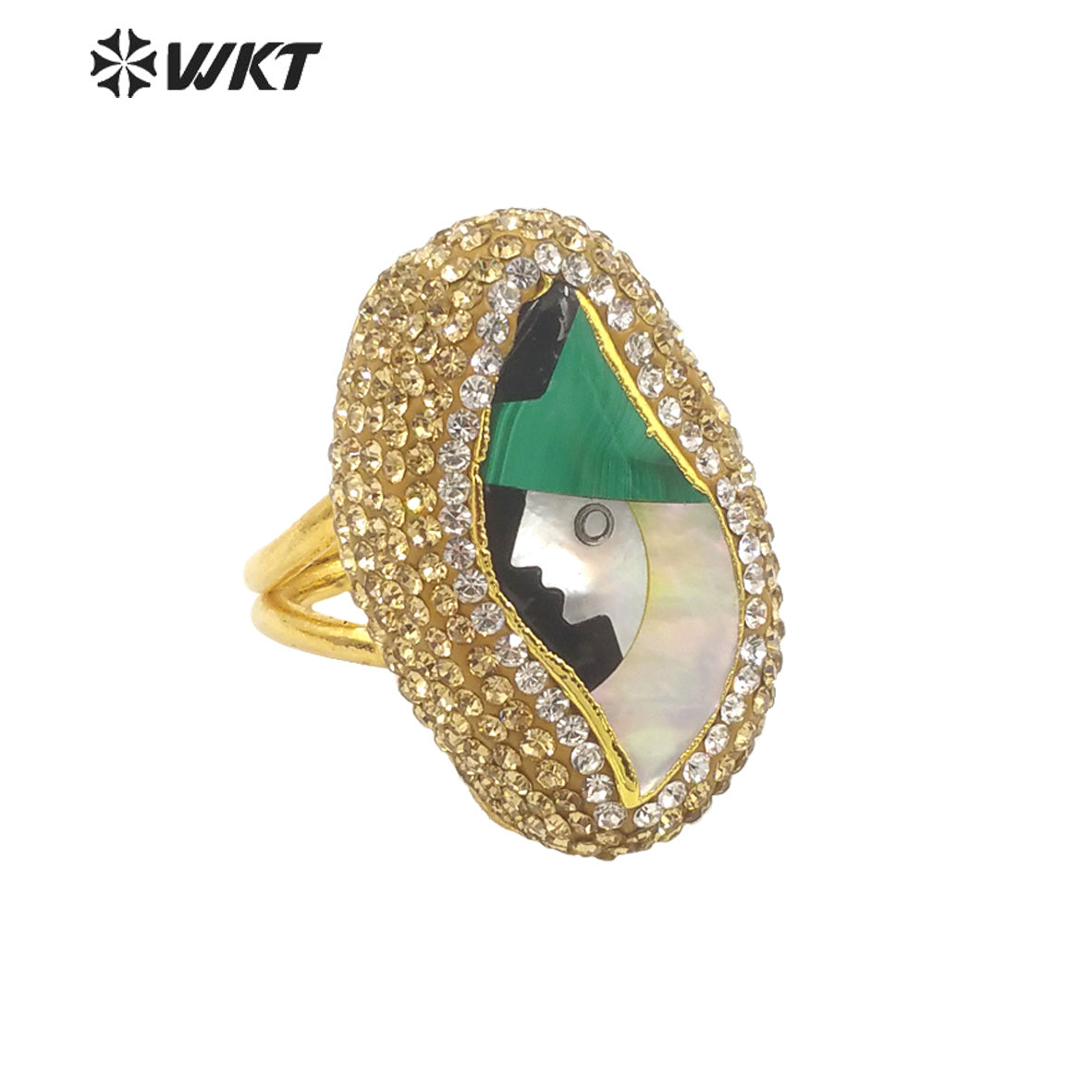 WT-MPR033 Rustic Malachite Ring Pearl Shining Rhinestone 18k Gold Plated Delicate Elegant Lady Head Ring Natural Pearl Ring