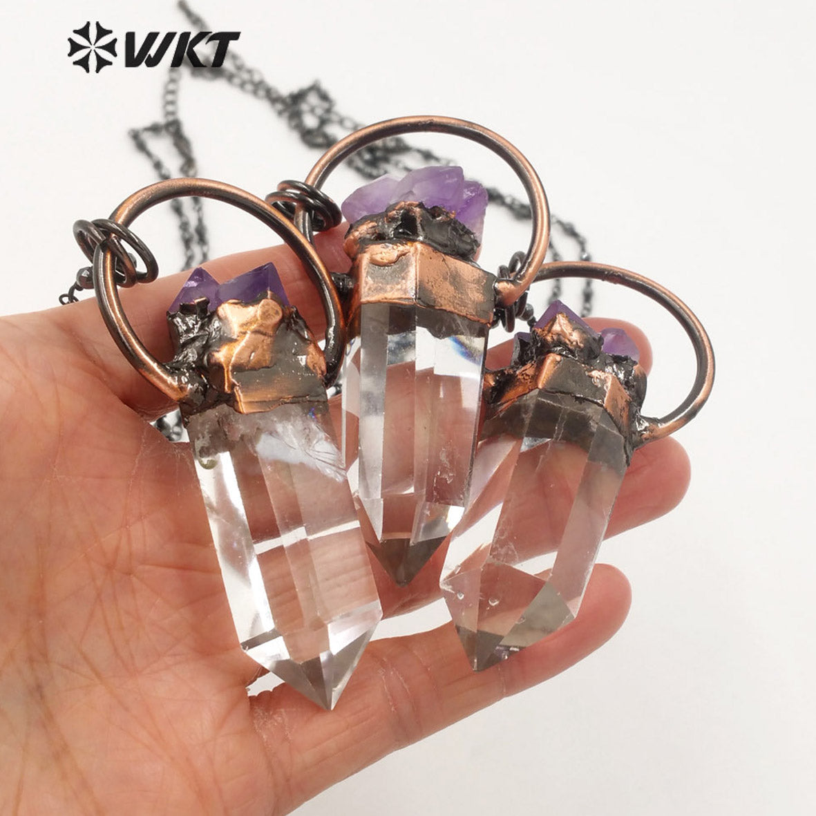WT-N1263 Women Antique Copper Plated Crystal Quartz with Amethyst Necklace Boho Vintage Natural Quartz Point Necklace