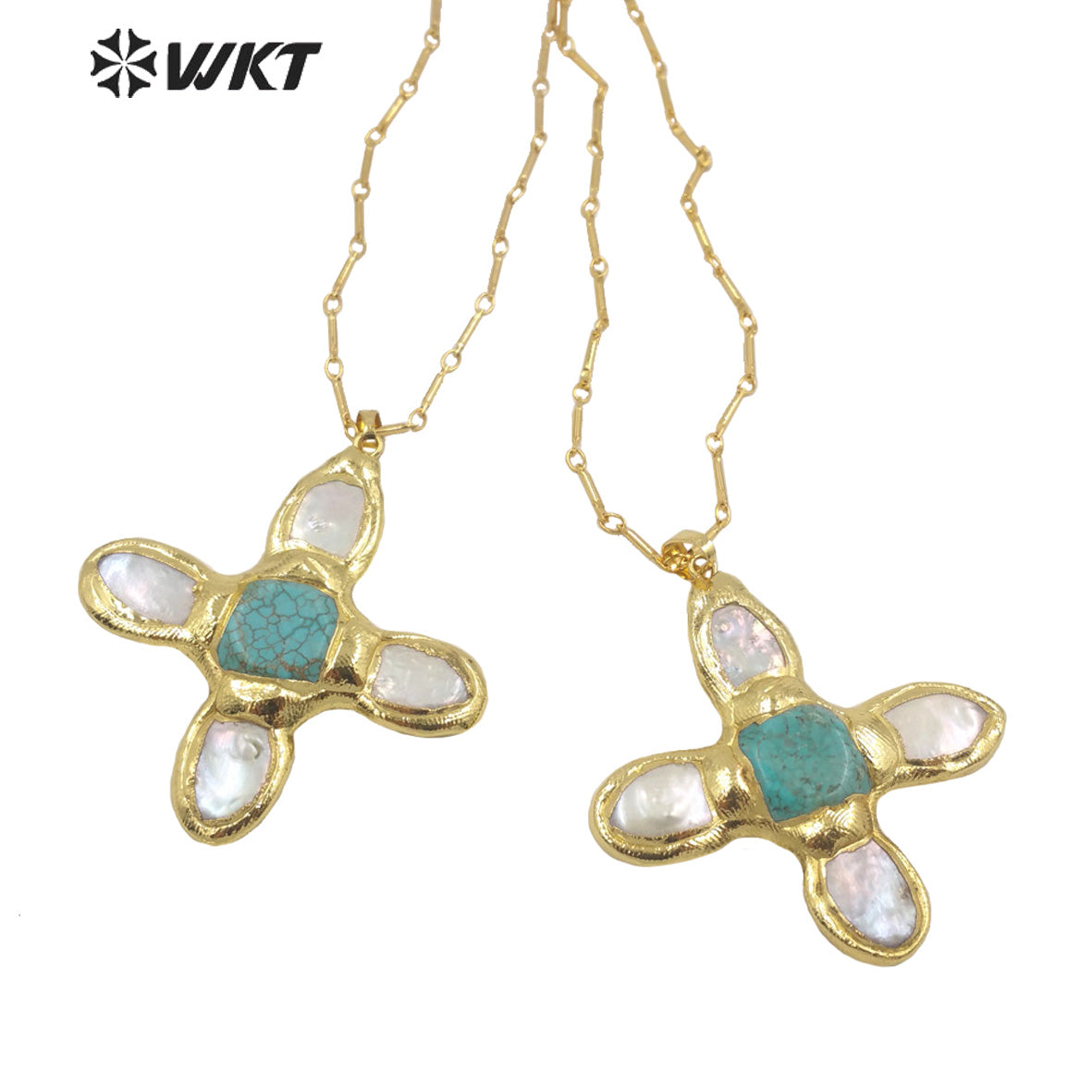 WT-JN169 Wholesale New Fashion Trendy Pearl Cross Shape Turquoises Pendant Necklace Gold Electroplated Necklace Green Stone