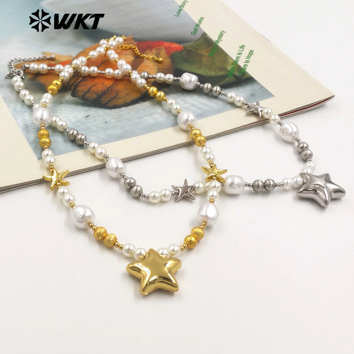 WT-JN287 WKT Natural Yellow Brass Artificial Pearl Star Shape Gold and Silver 16 Inch Necklace for the Girl As Birthday Gift