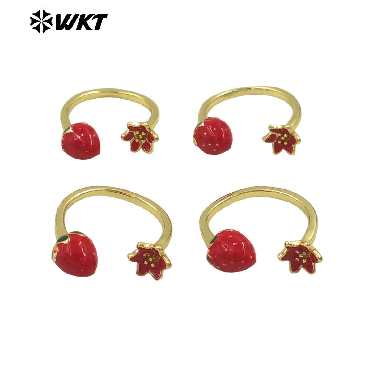WT-RF008 Wholesale Gold Plated Women Ring Adjustable Size Strawberry And Flower Charm For Daily Wearing Jewelry Accessory