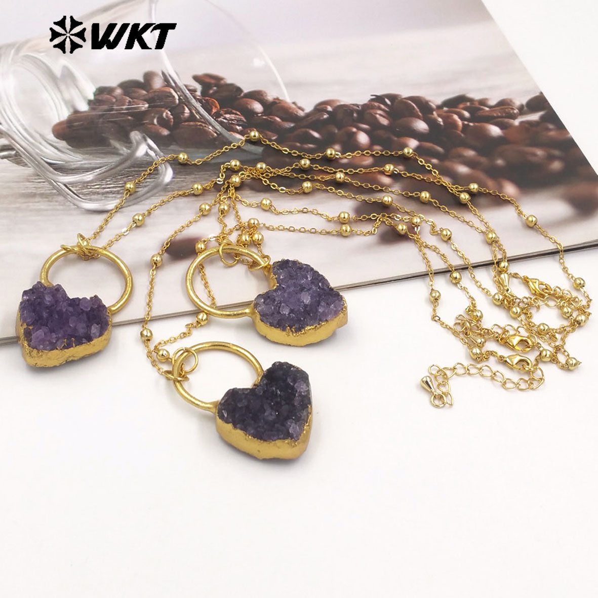 WT-N1472 Lovely Energy Natural Druzy Brazil Amethyst Heart Stone Necklace Birthday Gift for Girl