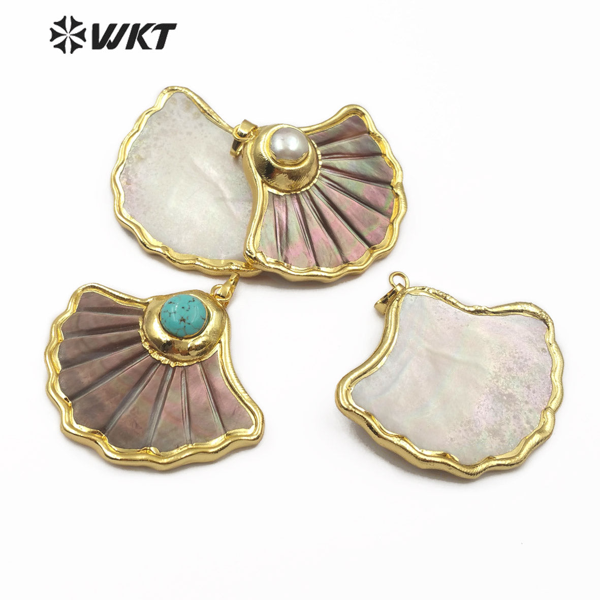 WT-JP102 Dark Shell Scalloped Top with Pearl or Turquoise Embellishment with Two Choices of Gold-plated Shell Pendants