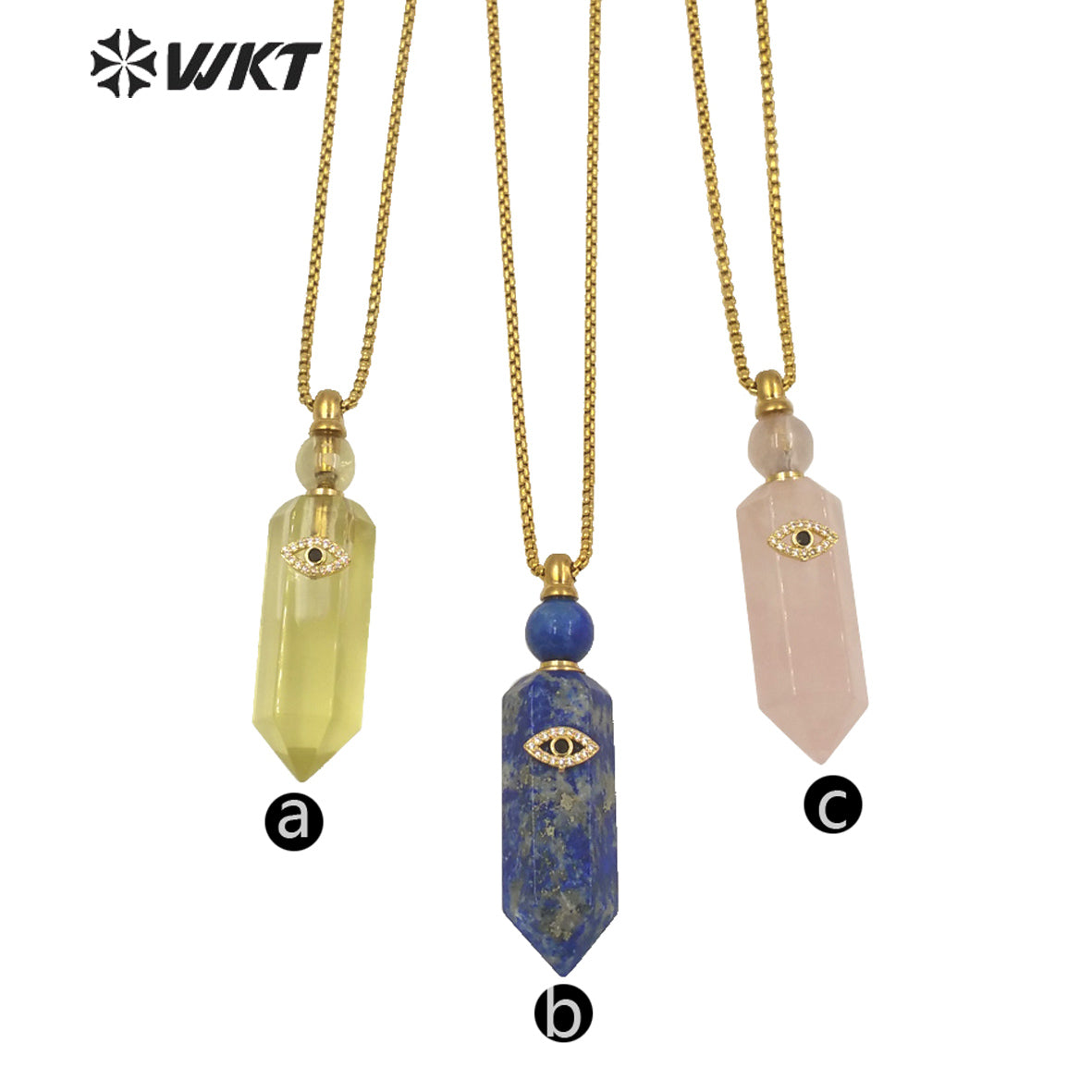 WT-N1248 New Design Hot Sales Hexagon Cube Shape Spirit Quartz Gemstone Perfume Bottle Necklace with Eye Charm for Women