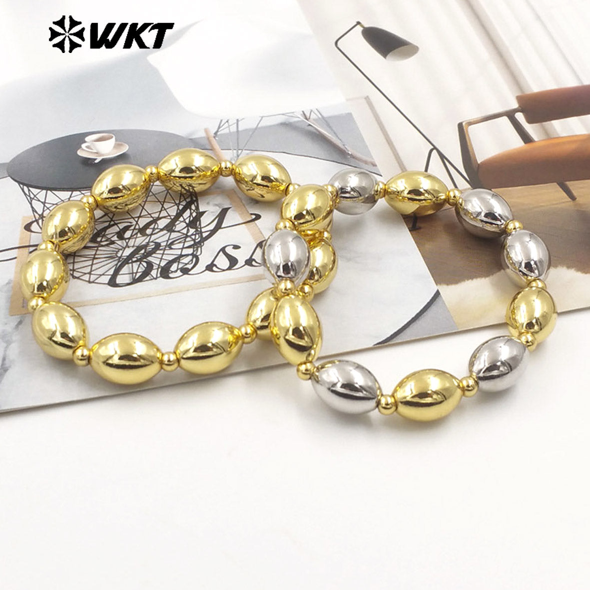 WT-JF348 Wholesale 18k Real Gold Plated Unique Steel and Gold Mixsure Bullet Brass Beads Stretch Bracelets