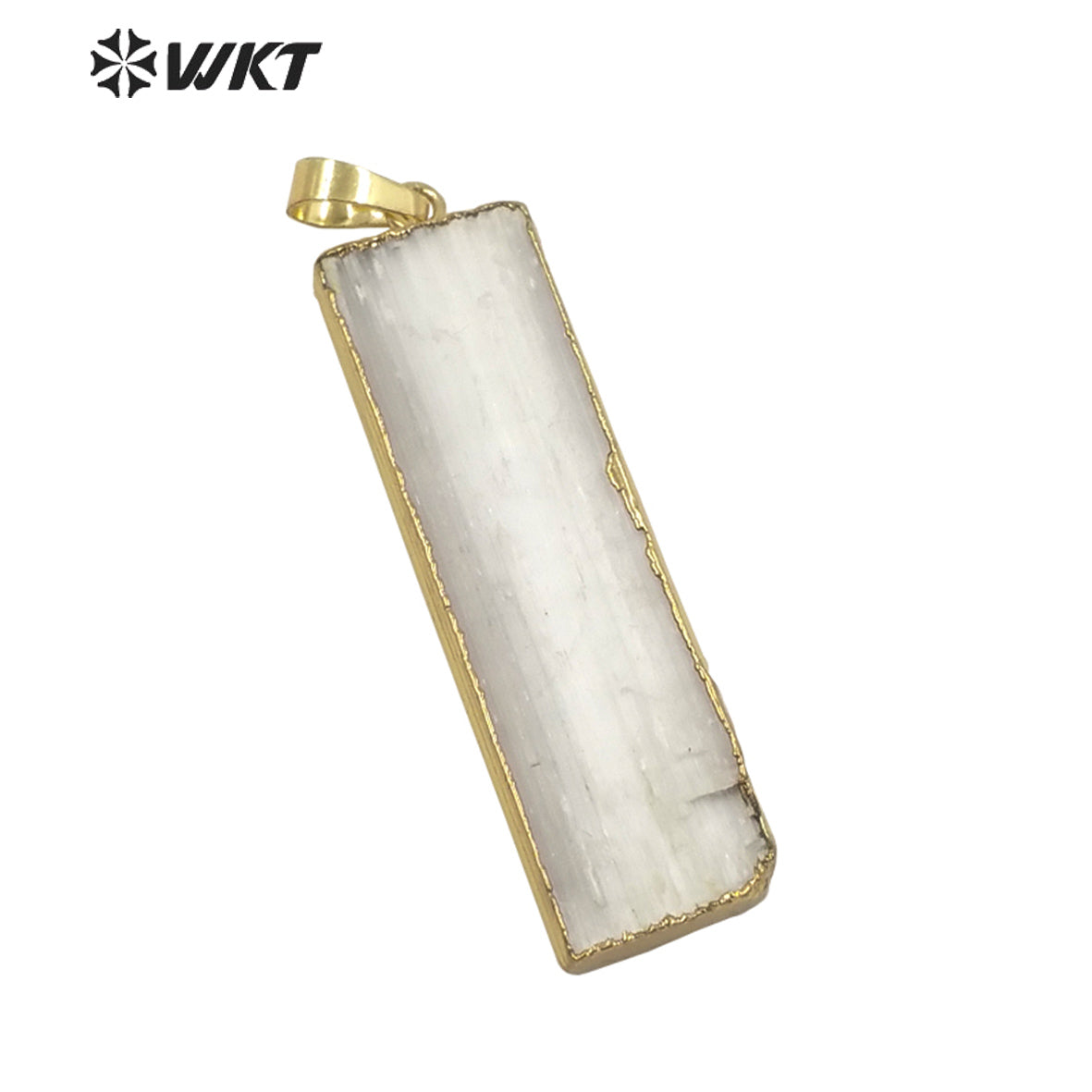 WT-P1641 Wholesale Natural White Long square Selenite Stone Pendant for Necklace Design Gold Trim Fashion Selenite Pendant