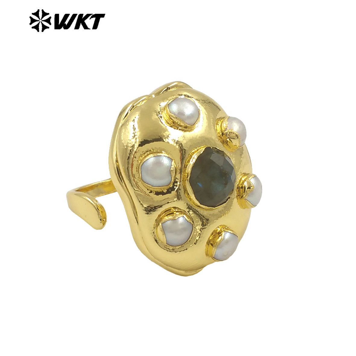 WT-MPR115 High Quality Unisex 18K Gold Plated Six Pearl and Natural Black Stone Round Shape Ring Exquisite Jewelry Accessories