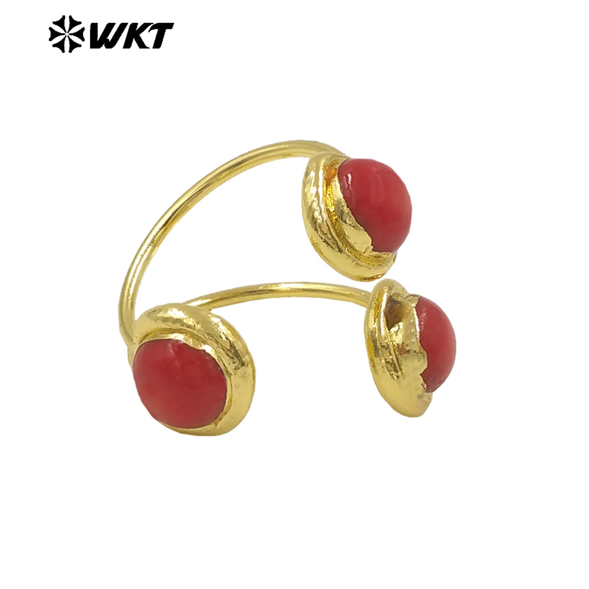 WT-MPR119 Wholesale Hot Style Temperament Attractive 18K Gold Plated Two Red Coral Adjustable Ring for Women As Anniversary Gift
