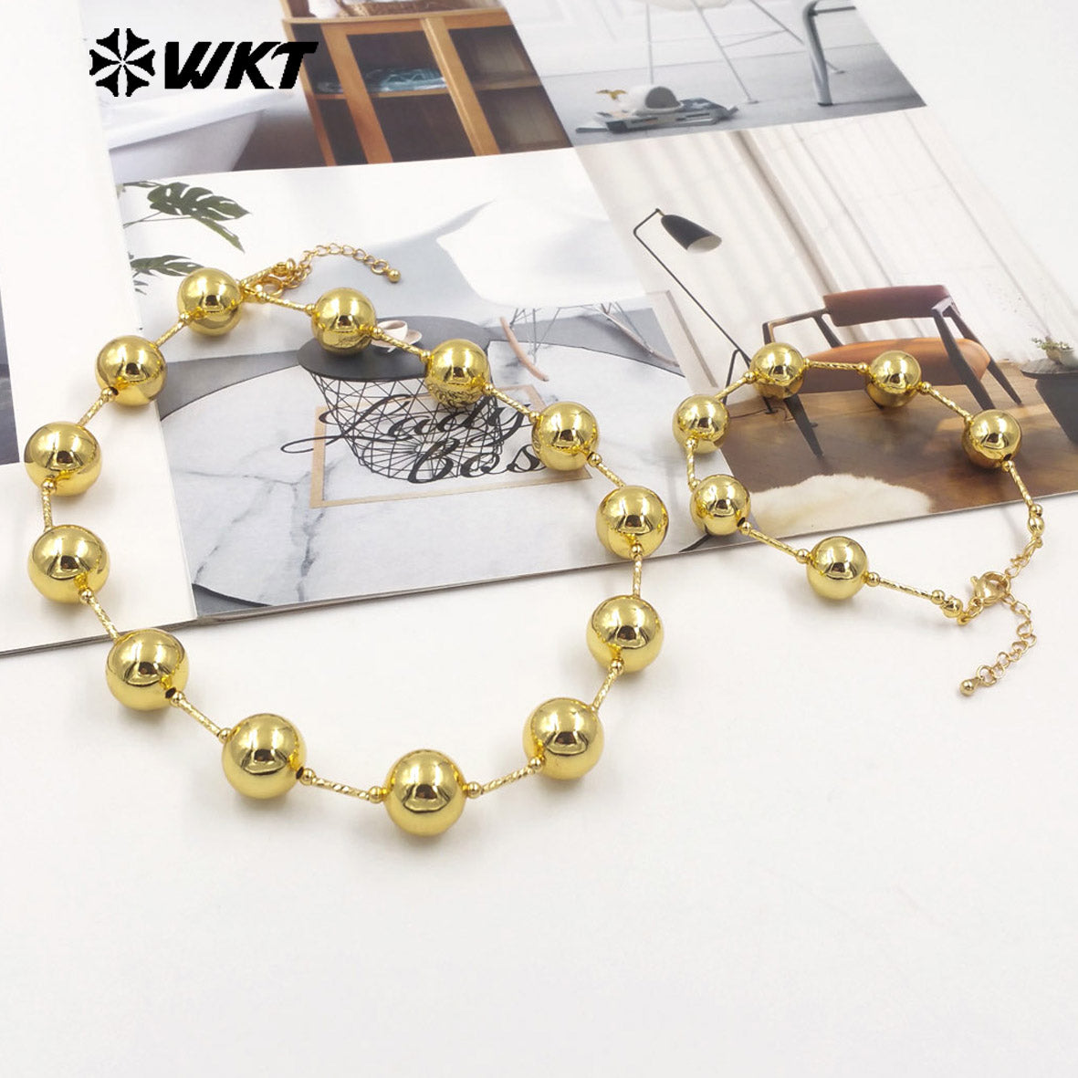 WT-JFN08 New Punk Style Women Hand Strand Big Brass Beads 18K Gold Plated With Pipe Connector Metal Necklace