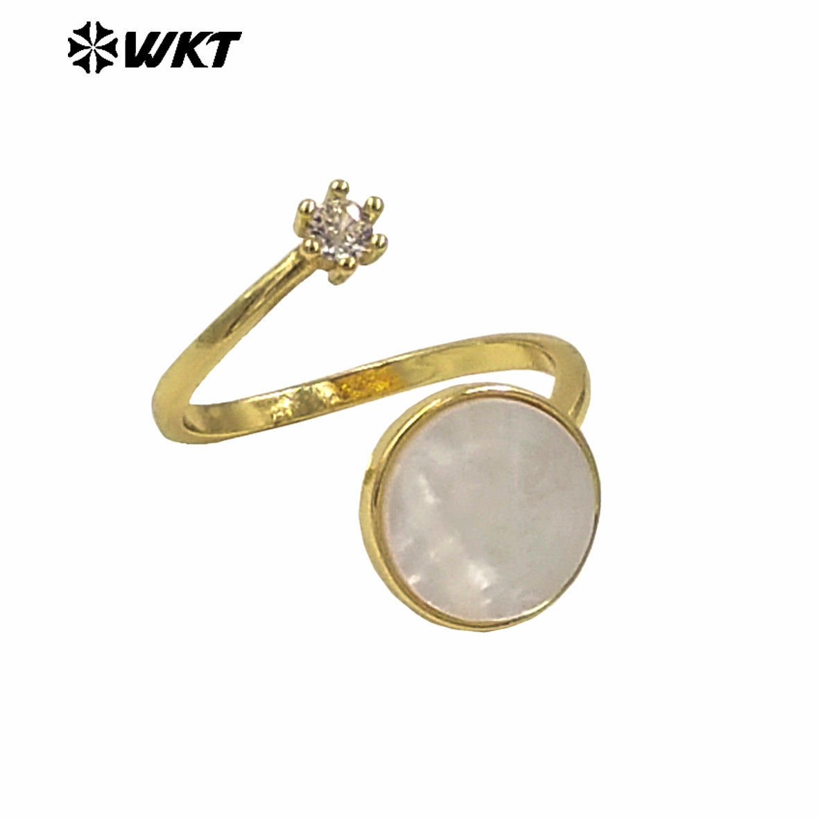 WT-MPR097 Wholesale Fashion Gold Plated Round Natural Shell Double Stone Jewelry Ring in 18K Brass Resist Tarnishable