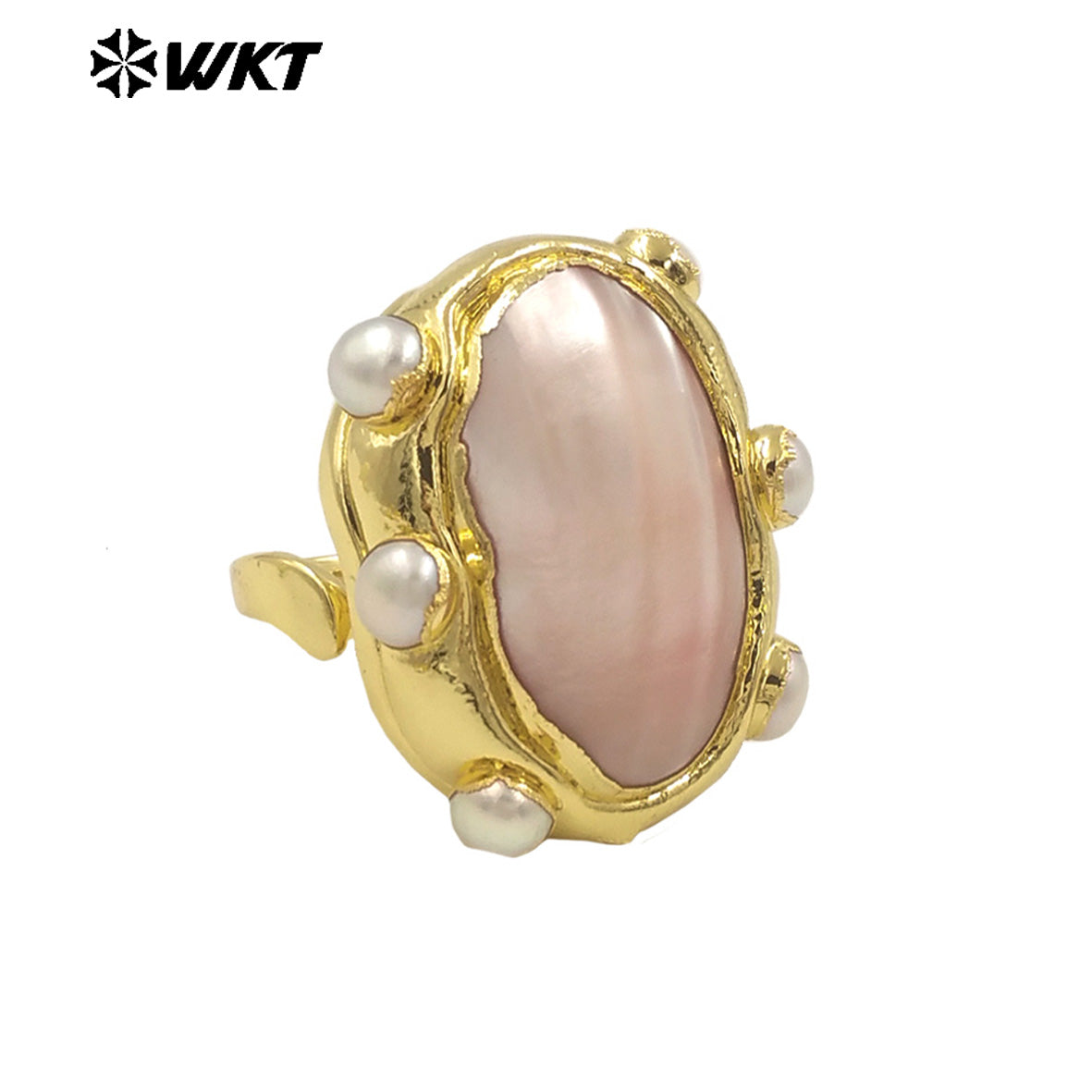 WT-MPR113 Wholesale18K Gold Plated Oval Adjustable Pink and White Pearl Combination Large Mabe Shell Ring As Anniversary Gift