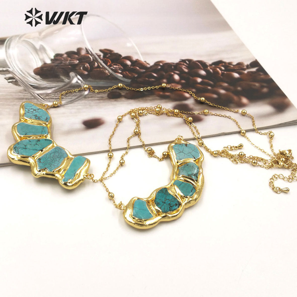 WT-N1458 WKT Exclusive Design New Multi Turquoise Stone Assemble Big Horn Stone Necklace With 18K Real Gold