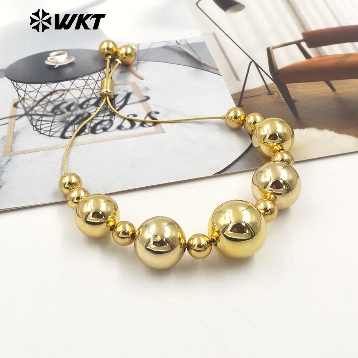 WT-JF345 Wholesale New Design 18K Big Round Brass Beads Handmade Adjustable Chain Bracelet