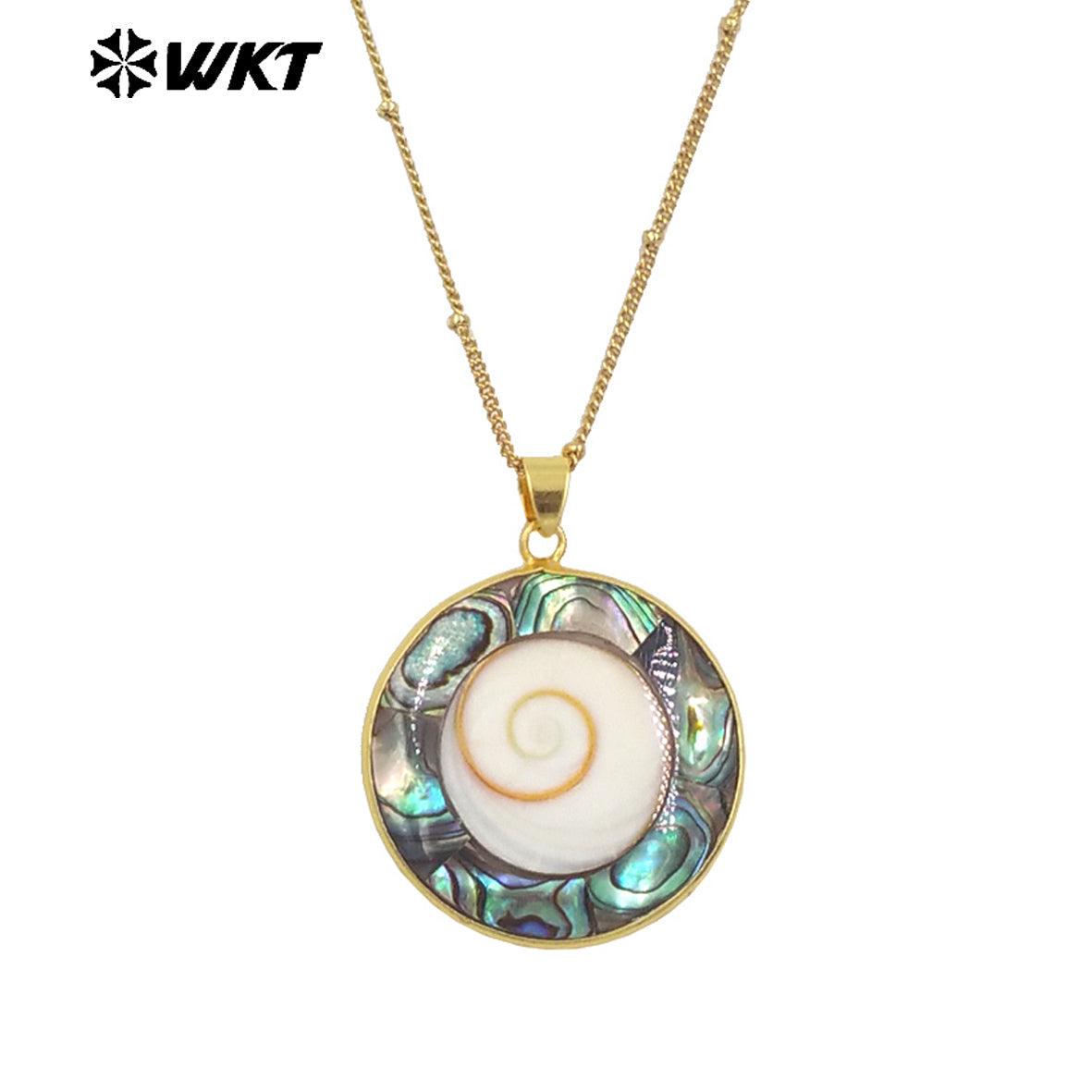 WT-JN266 Wholesale Fashion Gold Bezel Round White Trumpet Shell Energy Pendant Necklace With 18 Inch Chain