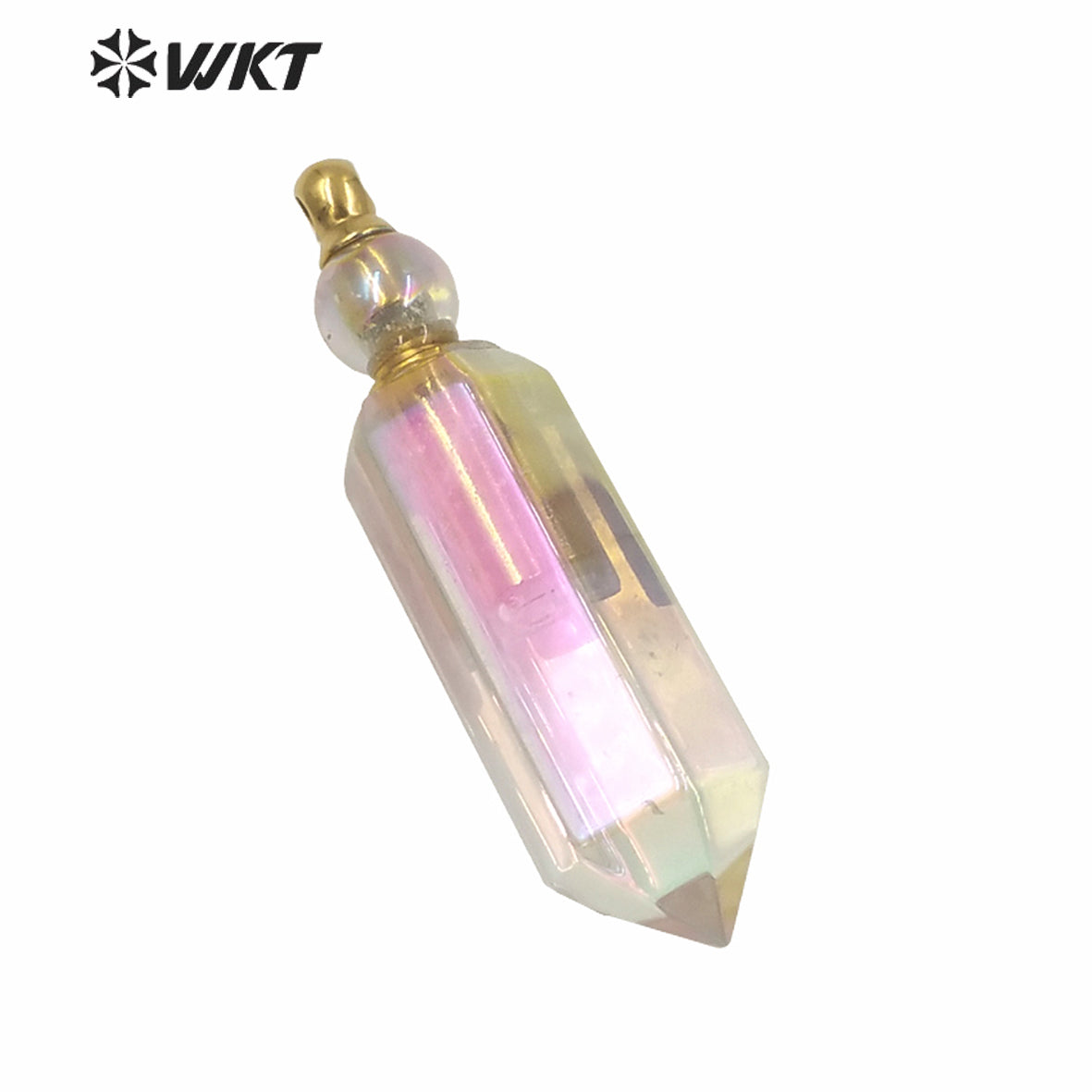 WT-P1614 Amazing Women Hot Sales Gold Angel Aura Spirit Quartz Perfume Bottle Pendant Hexagonal Shape Aura Stone Bottle Pendant