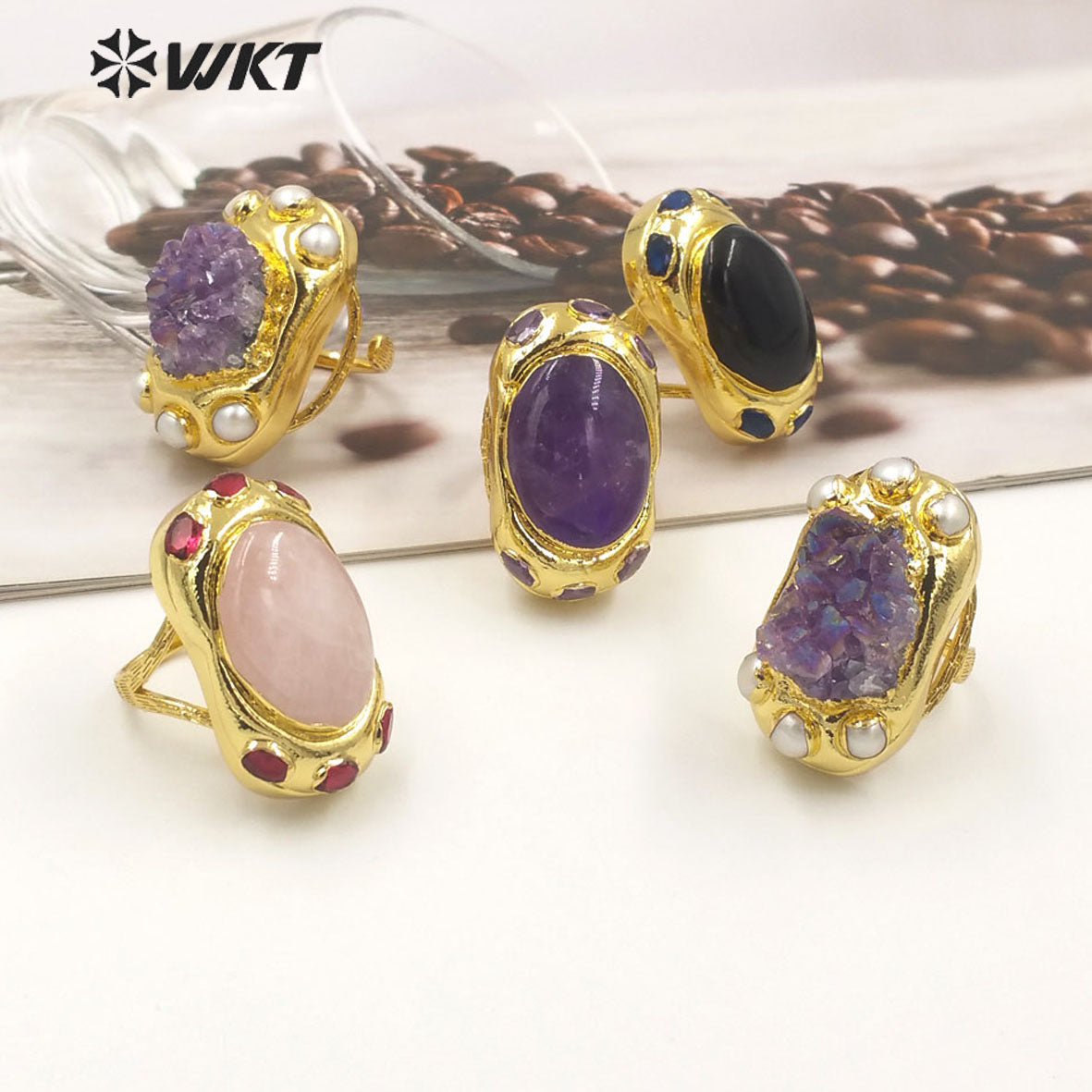 WT-R502 Fashion Women 18K Real Gold Plated Long Shape Natural Aura Druzy Amethyst Stone Ring With Freshwater Pearl Charms Around