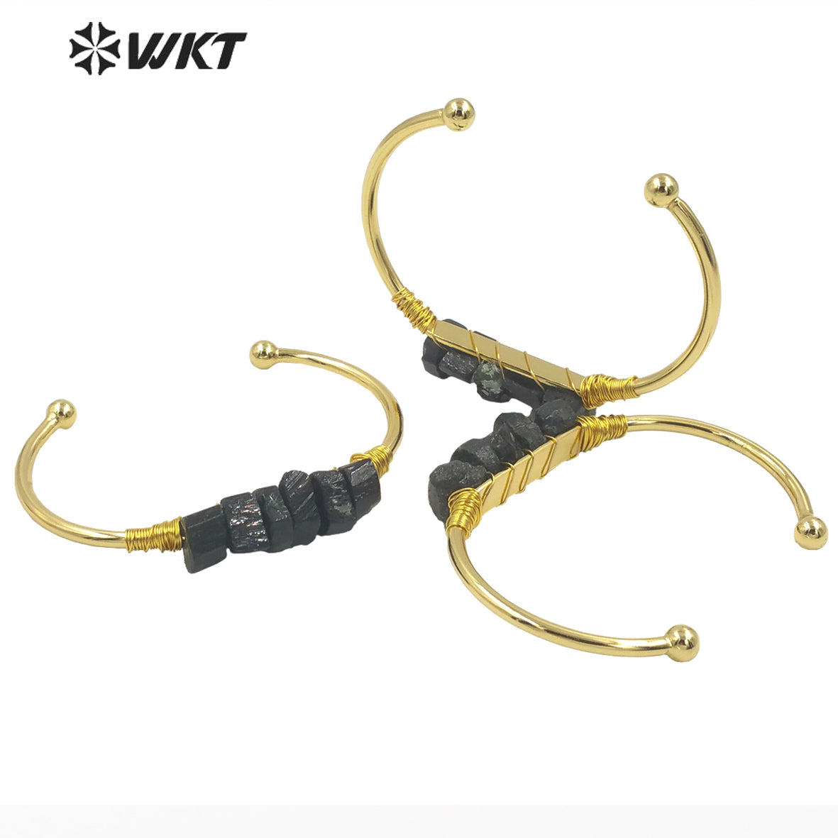 WT-B595 WKT Exclusive Natural Black Tourmaline Stone Bangle Opening Adjustable Gold Bracelet Party Gift Jewelry Bangle