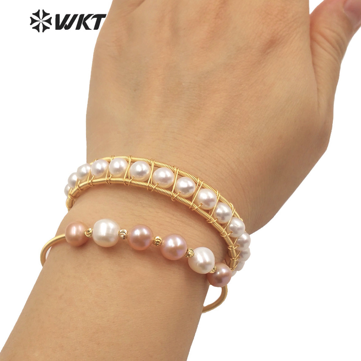 WT-MPB033 WKT Gold Gorgeous Freshwater Pearl Wire Wrapped Women Bangle High Quality Pearl Wrapped Elegant Bangle