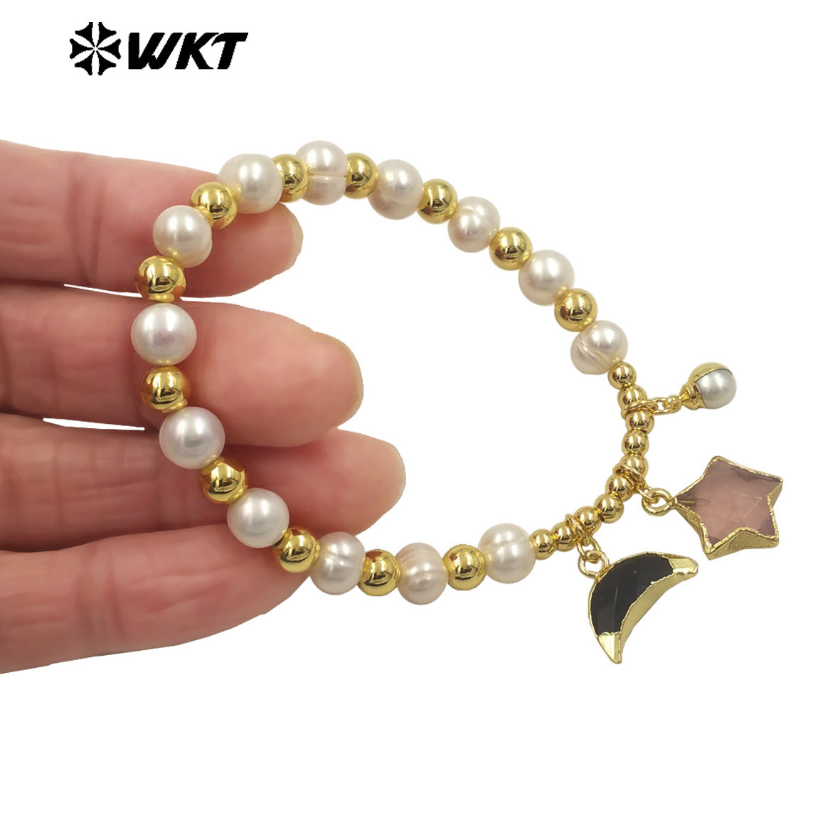 MPB127 High Quality Lovely Pearl Bracelet With Moon and Star Stone Charms Gold Electroplated for Ladies Jewelry Accessories