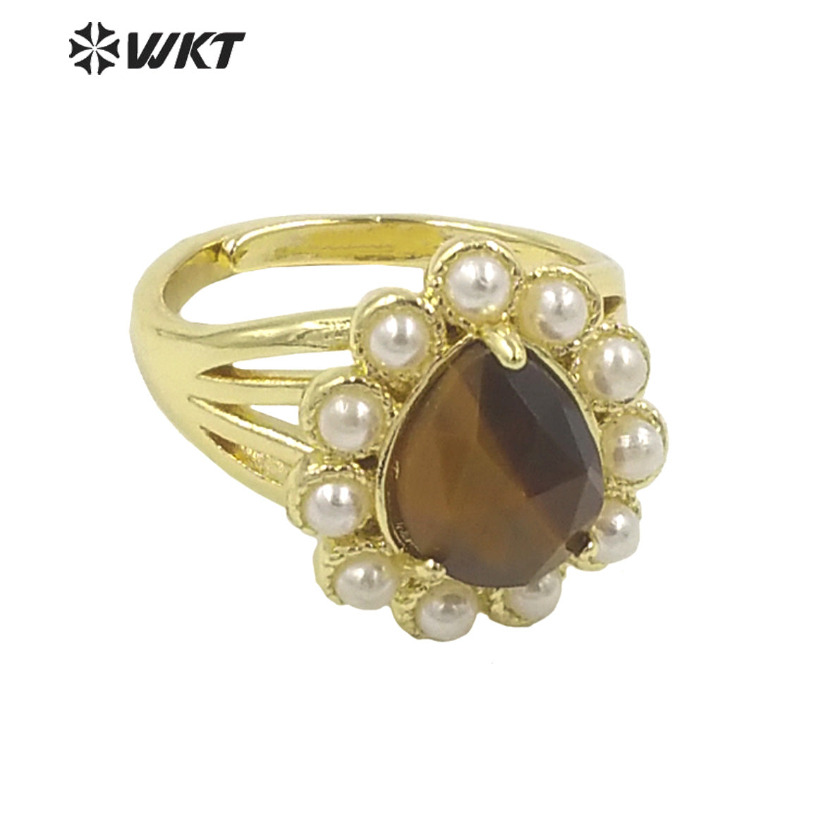 WT-MPR082 Amazing Delicate Fashion Gold Women 18K Plated Teardrop Open Adjustable Tiger Eye Stone Ring