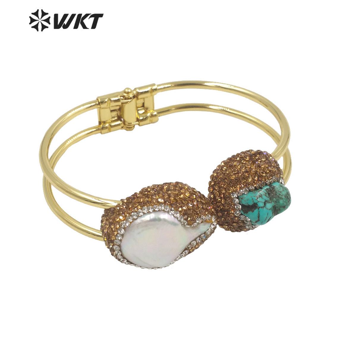 WT-MPB086 WKT 2023 New 18k Gold Plated Turquoise and Freshwater Pearl Cuff Bangle Boho Rhinestone Make Stone Bangle for Gift