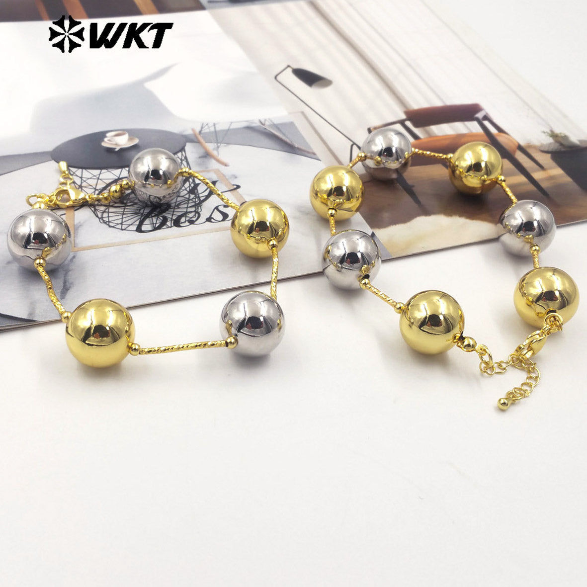 WT-JF351 Wholesale Fashion New Simple Locomotive Wind Style Big Round Metal Beads Chain Connect Bracelet