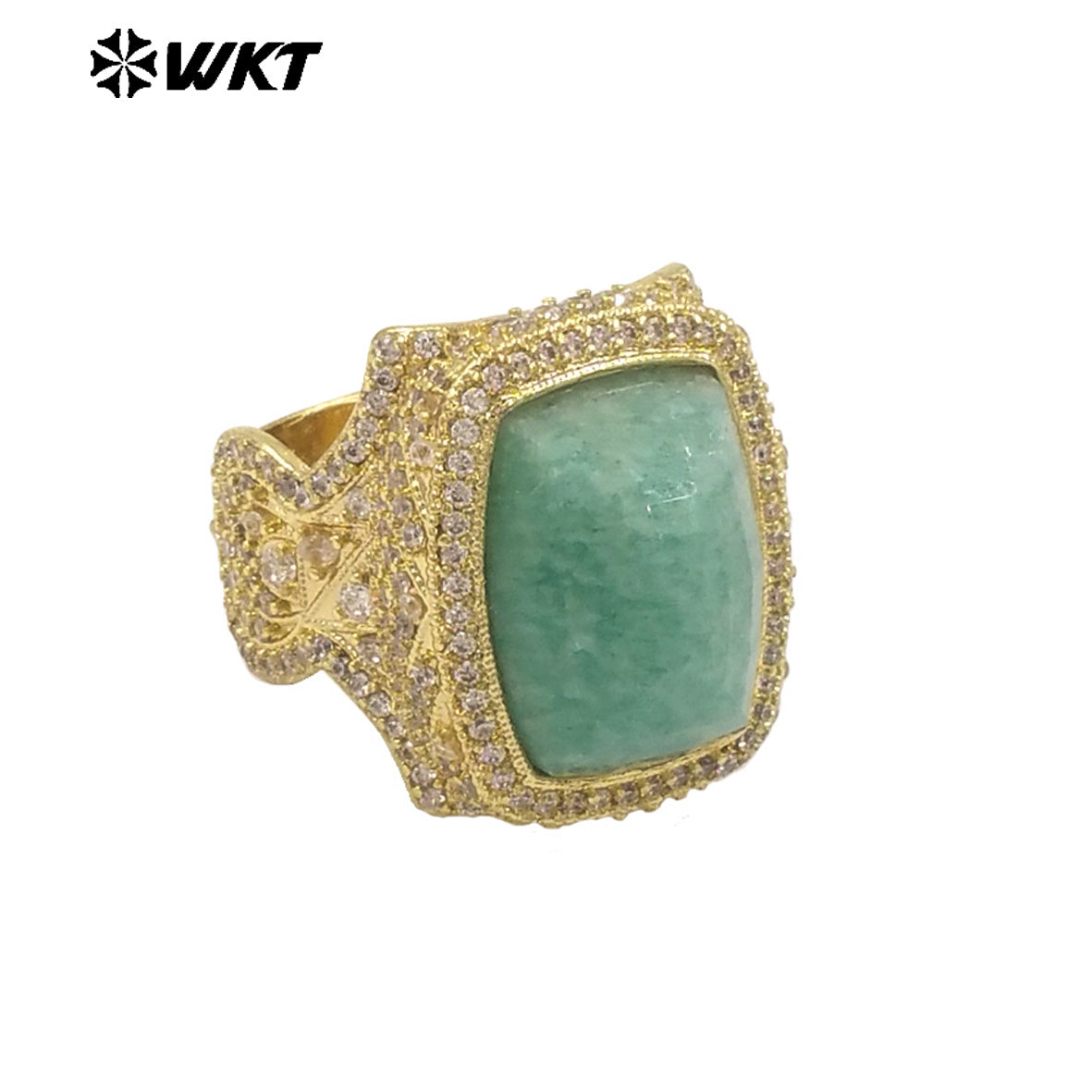 WT-MR033 Wholesale Fashion 18K Real Gold Plated Cubic Zircon and Natural Amazonite Amethyst Stone Ring for Women