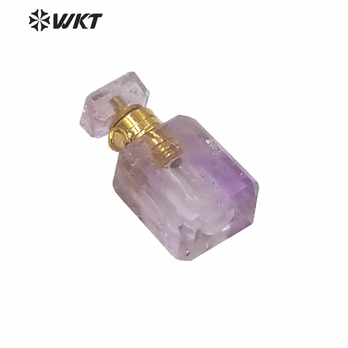 WT-P1573 WKT New Design Small Natural Stone Perfume Bottle Pendant Double Loops Gold Faceted Stone Carved Cube Perfume Bottle
