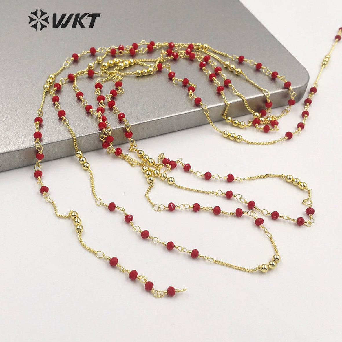 WT-RBC197 Amazing Women Handmade Gold Plated Jewelry Findings Chain in Brass with Red Beads Mix Link Chain Satellite Chain