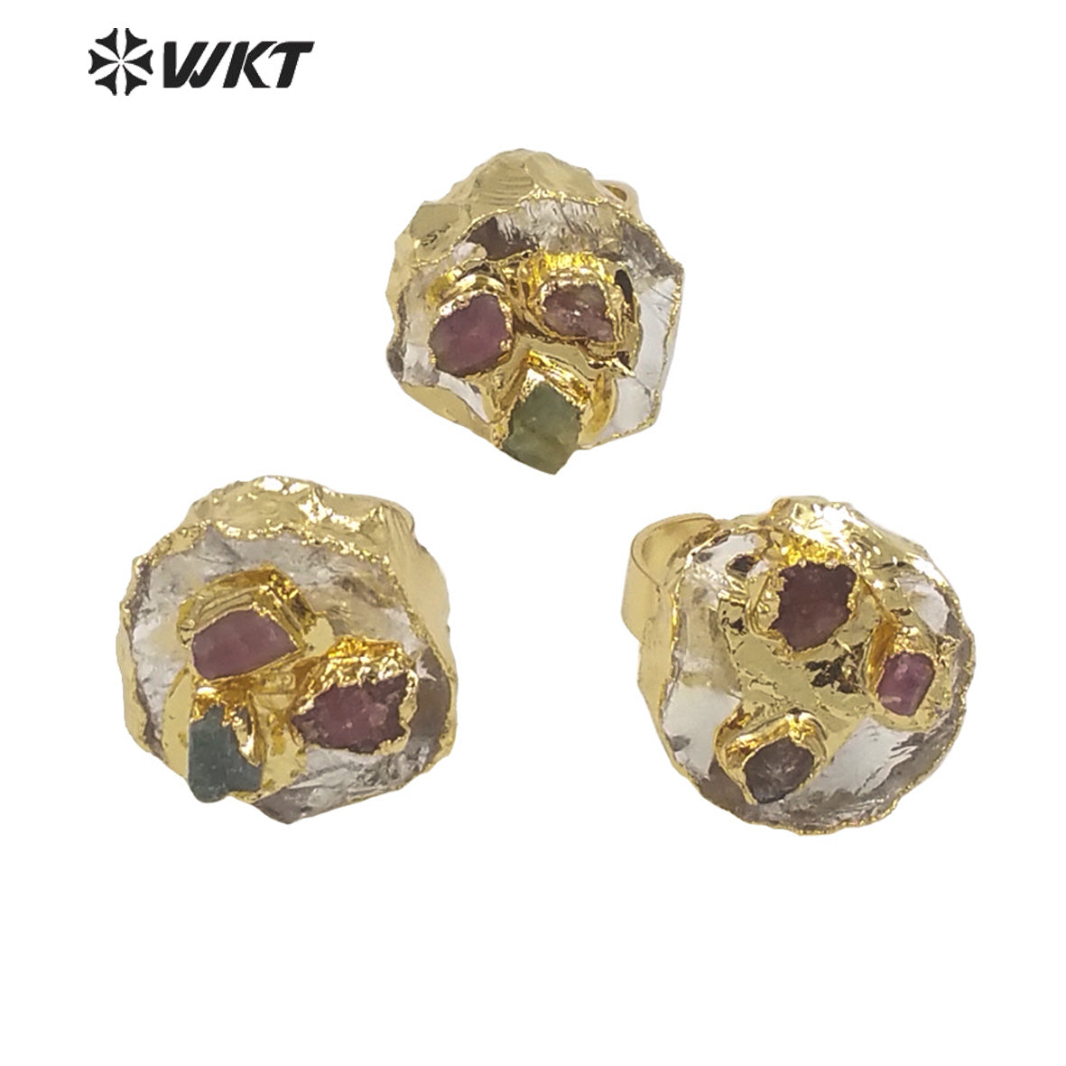 WT-R400 Vintage Natural Crystal Quartz Pendant Tourmaline Inlaid Ring Noble Gas 18k Gold-plated Women Ring Gemstone Rings