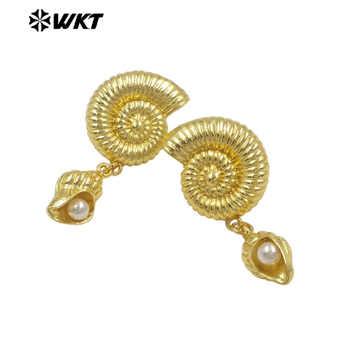 WT-ME131 Boutique Gold And Silver Plated Brass Charms With Artificial Pearl Shell Shape Earrings For Women Vacation Jewelry