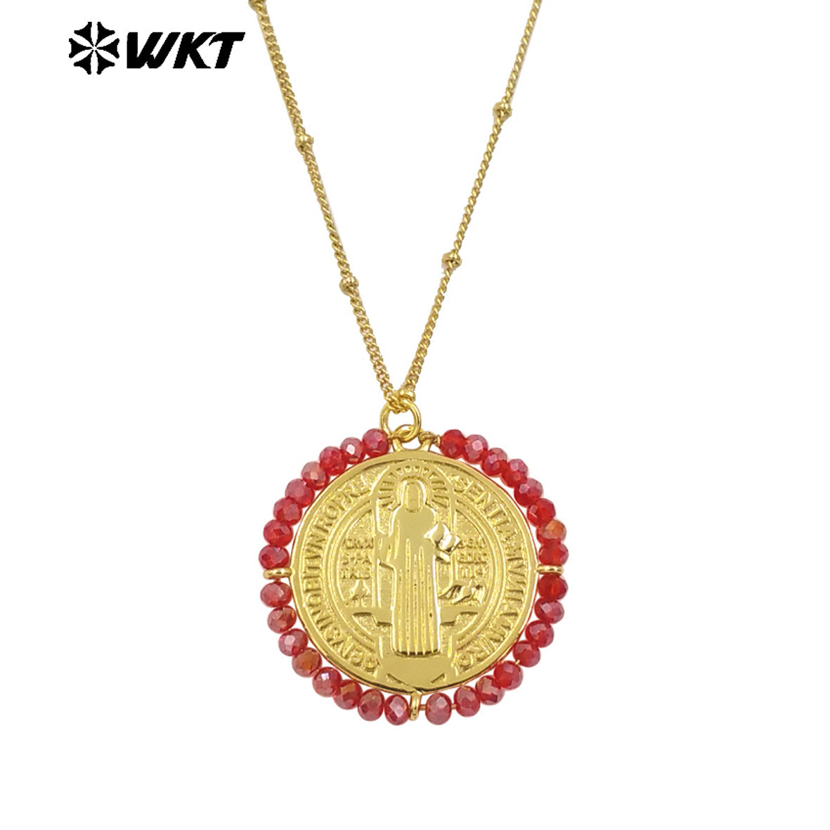 WT-MN991 Fashion Popular Women Wire Wrapped Brass 18K Gold St Benedict Medal Necklace With Crystal Decorate Religious Jewelry