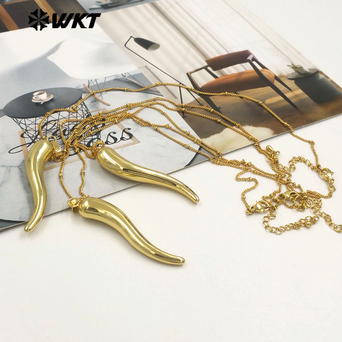 WT-N1480 New Approach Super Hot Long Pepper Horn Necklace With Full Gold Plated Jewelry