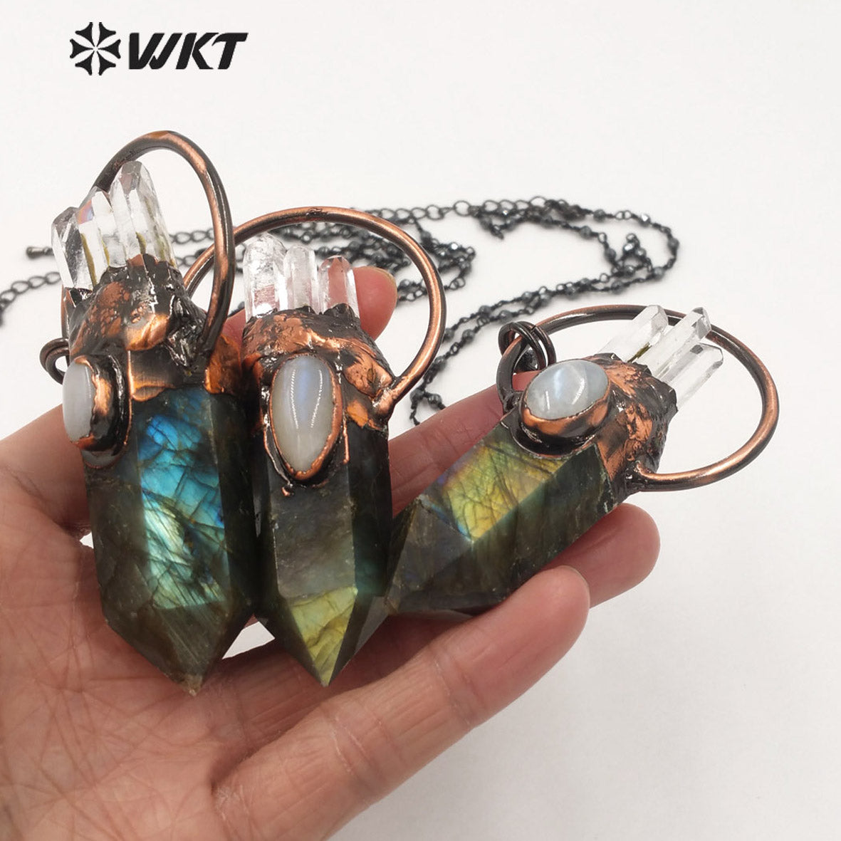 WT-N1262 Women Bohemian Style Natural Labradorite Point Stone Necklace with Antique Copper Plated Lady Retro Stone Necklace